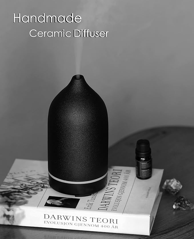 Essential Oil Diffuser,Handcrafted Ceramic Diffuser for Home,Ultrasonic Cool Mist Air Diffuser, 9 Colors Night Light with Timer (Black)