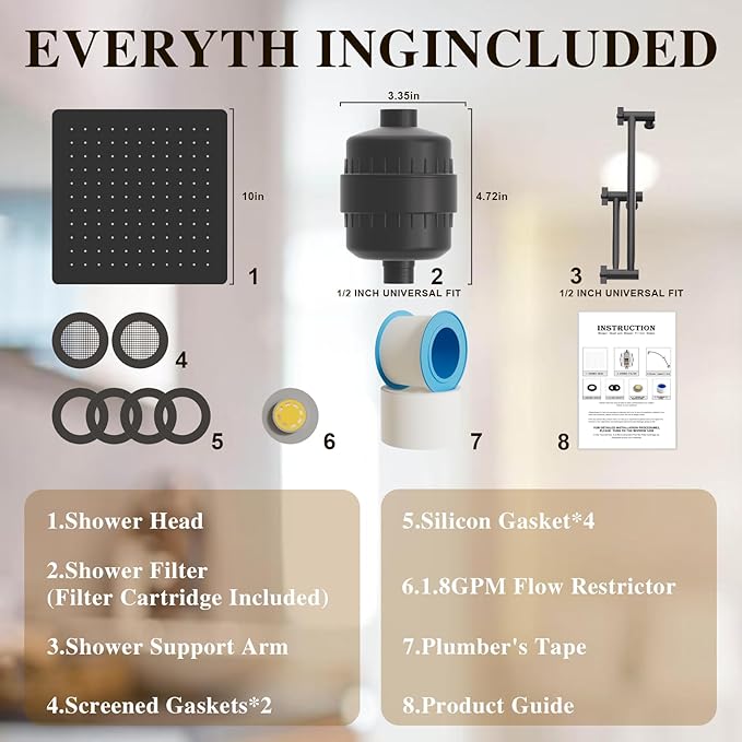 Rain Shower Head with 20-Stage Shower Filter, High Pressure Filtered Showerhead with Adjustable Extension Arm for Removing Chlorine and Harmful Substances(10 Inch, Matte Black)