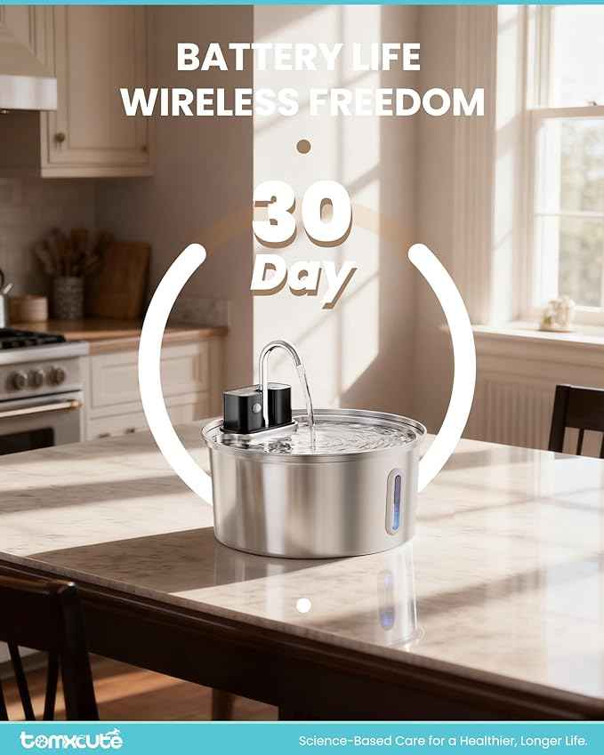 Wireless Cat Water Fountain - 108oz/3.2L Automatic Cat Water Fountain Cordless, Stainless Steel Battery Operated Pet Fountain Rechargeable Water Dispenser for Cats, Dogs, Multiple Pets