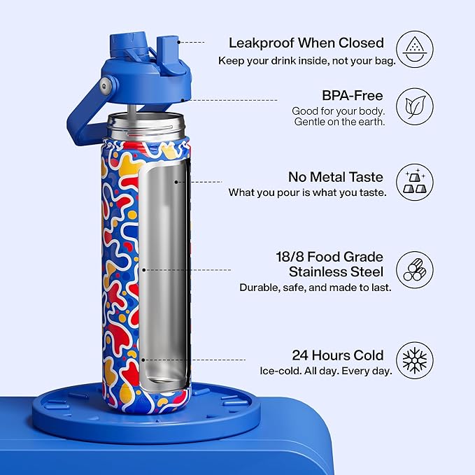 ENCOOL Insulated Water Bottle with Straw Stainless Steel Water Bottle, Leak-Proof, BPA-Free, Double Wall Vacuum Keeps Cold for 24 Hours for Sports, Travel, School (26 oz, Ocean Pop)