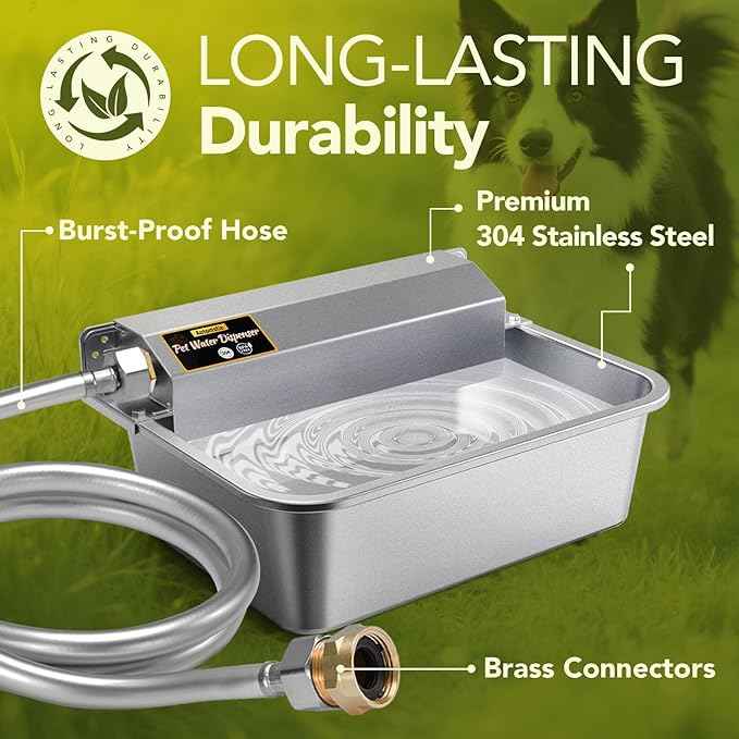 Automatic Water Dispenser for Dogs 2 Gallons, 304 Stainless Steel Dog Water Bowl Dispenser for Farm Chicken Pets Indoor&Outdoor Dog Waterer Feeder Fit 3/4'' GHT Faucet Auto Filling Wide Drinking Area