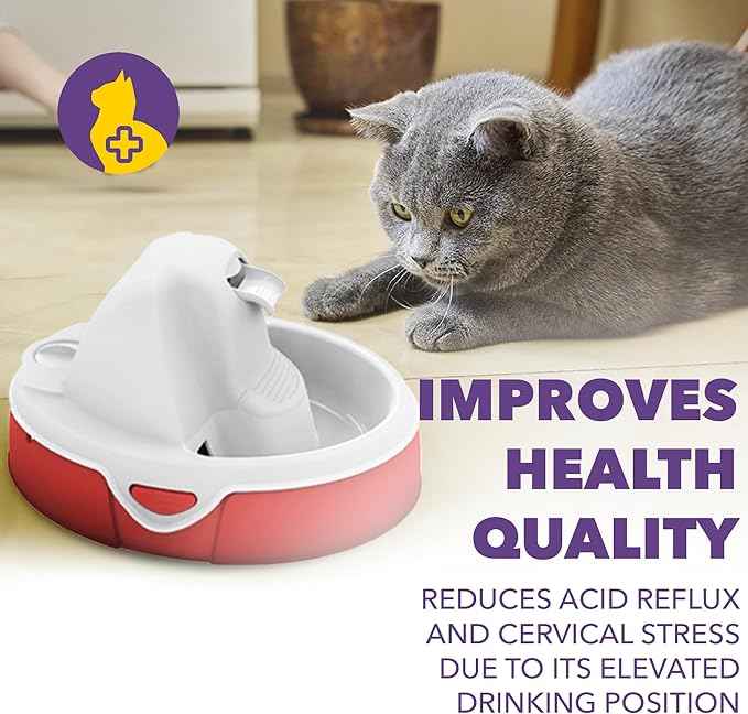 Aqua Flow Premium Pet Water Fountain - Automatic Dispenser Drinking Bowl for Cats and Dogs - Anti-Hair Drainage System - Replaceable Filters - Ideal for Multiple Pets - 52 up to 120 fl oz - Red&Gray