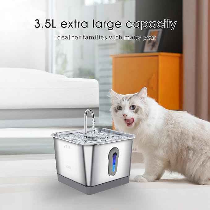Battery Operated Cat Water Fountain, 3.5L/118oz Stainless Steel Dog Water Fountain with Motion Sensor, Automatic Wireless Water Dispenser Indoor for Pets with Water Level Window, Multi-Filtration