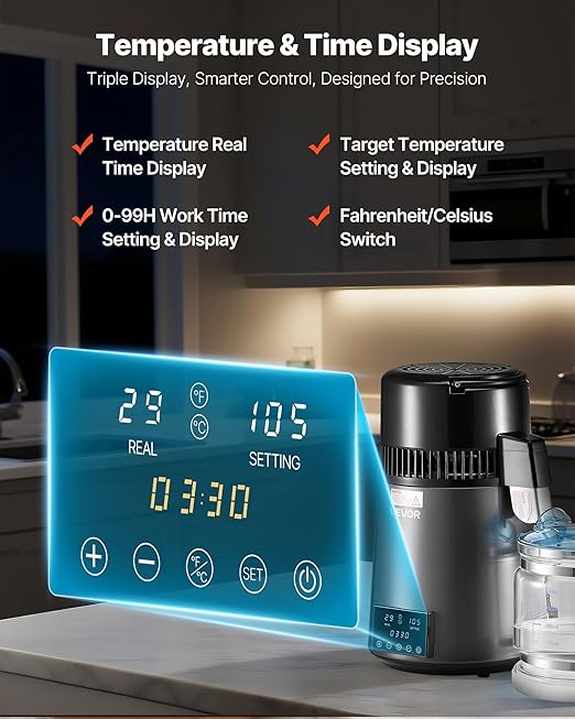 VEVOR Water Distiller, 4L 1.1 Gallon Pure Water Purifier Filter for Home Table Countertop, 1750W Distilled Maker with Glass Pot, Stainless Steel Interior Drinking Machine to Make Clean Waters, Grey