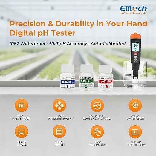 Elitech Professional pH Pen Meter - Digital Tester for pH & Temperature in Hydroponics, Growing Solutions with Full Calibration Kit for Plant Health, PHM-230
