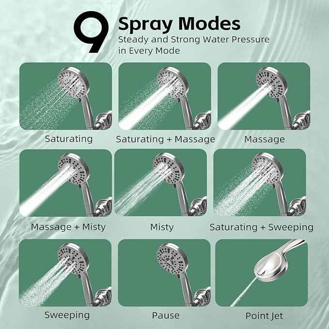 High Pressure Filtered Shower Head with Handheld, 9 Spray Modes 4.7" Shower Head, 59" long hose, 10 Layers Filter for Hard Water, Remove Chlorine, Adjustable Bracket, Chrome
