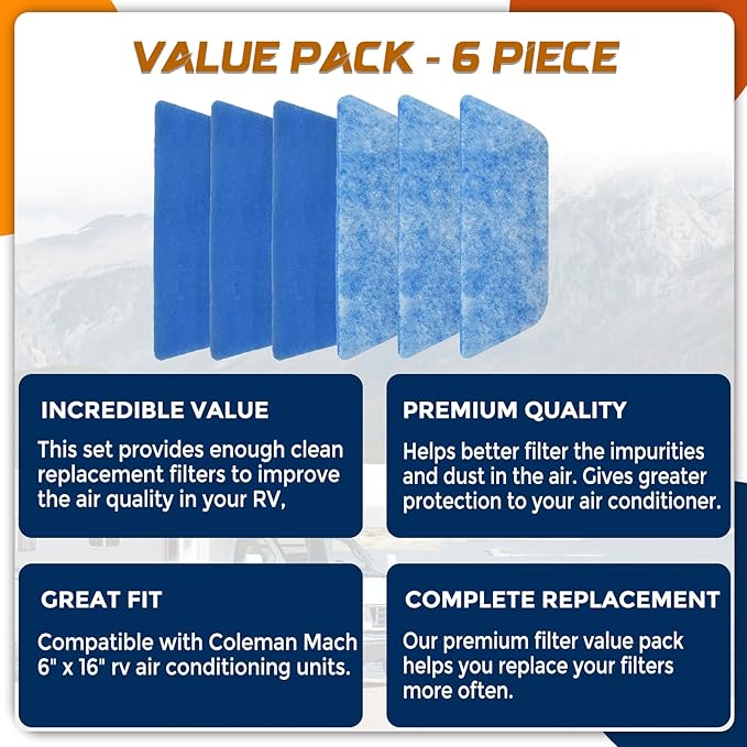 6 Pack RV Air Filter 6" X 16.5" RV AC Filter Compatible with Coleman Mach Air Conditioner Vent MERV 8 Rated RV Air Filter Replacement Unit - AquaVibe