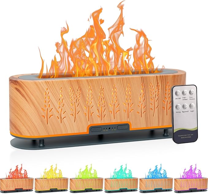 Essential Oil Diffusers, Flame Air Diffuser, 200ml Aromatherapy Diffuser with 2 Mist Mode 4 Timer Up & Waterless Auto-Off Protection for Bedroom Home, Office(Wood)