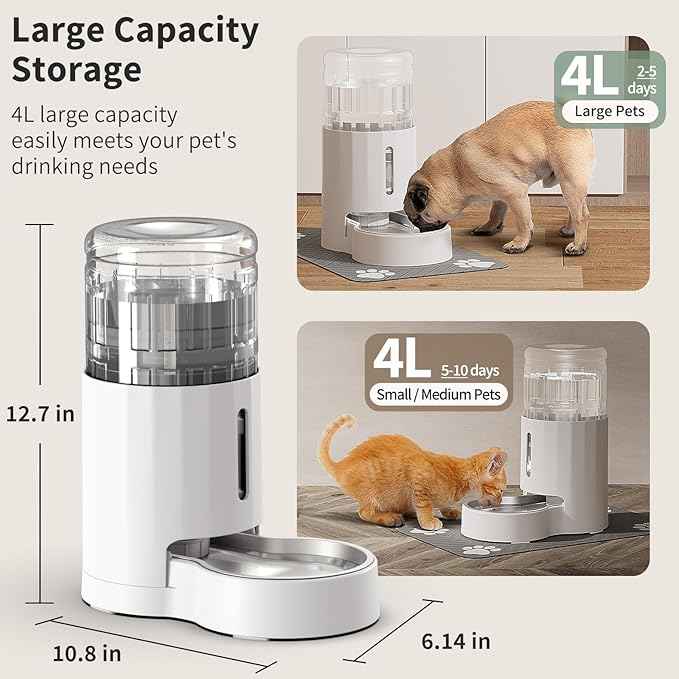 Cat Water Dispenser with Placemat and Stainless Steel Bowl, Automatic Gravity Water Dispenser for Cats or Small Medium Size Dogs, Large Capacity, Easy to Clean and Safe for Pets (4L White)