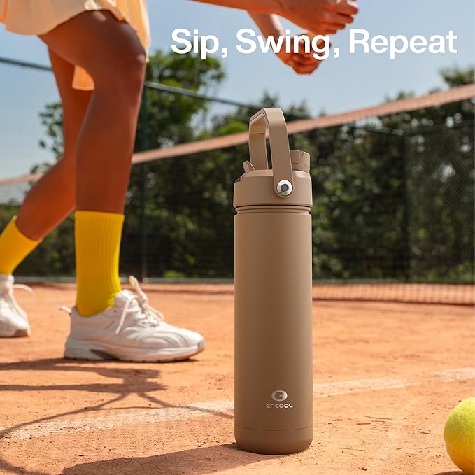 ENCOOL Insulated Water Bottle with Straw Stainless Steel Water Bottle, Leak-Proof, BPA-Free, Double Wall Vacuum Keeps Cold for 24 Hours for Sports, Travel, School (26 oz, Raw Umber)