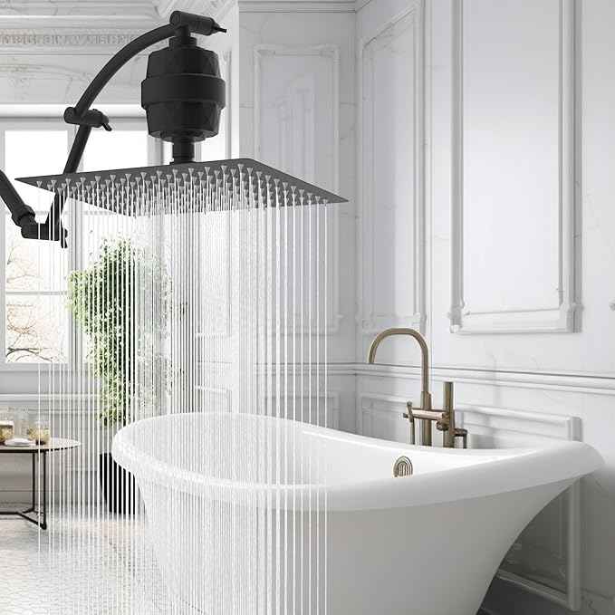 Hibbent All Metal Rain Filtered Shower Head, 12'' High Pressure Rainfall Showerhead with 16" Shower Extension Arm, 20 Stage Shower Filter, Solid Brass Adjustable Shower Arm Extender, Matte Black
