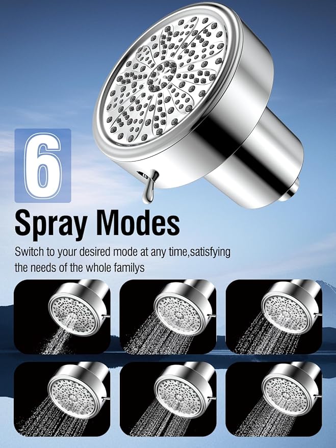 Filtered Shower Head with Filters, High Pressure 6 Spray Modes Rain ShowerHead for Hard Water, Remove 99.99% Chlorine, Heavy Metals for Healthier Skin/Hair (Chrome, 5 Inch Round)