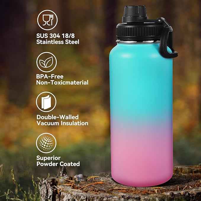 Neihepal 32 oz Insulated Water Bottles with 2 Lids (Straw & Spout Lid), 18/8 Stainless Steel Double Wall Water Bottle for Gym, Travel, Camping, Sports (Assorted,2 Pack)