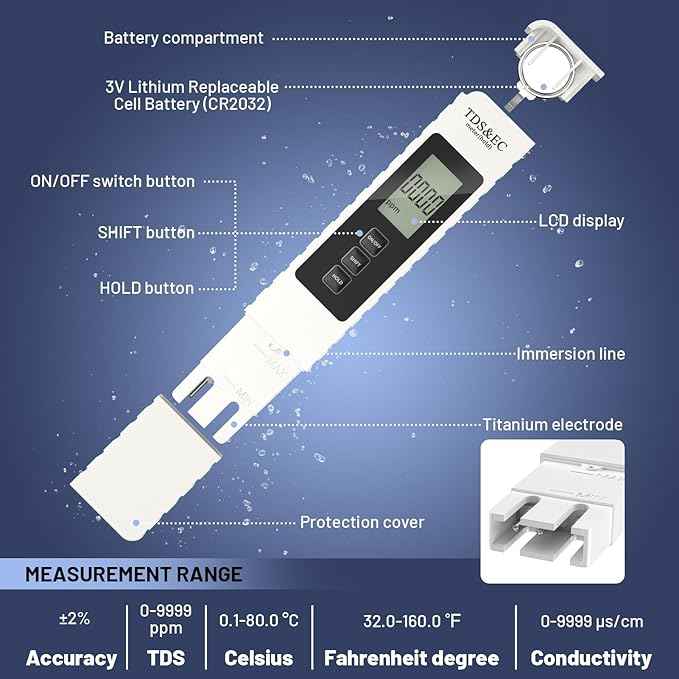 TDS Meter Digital Water Tester, 3 in 1 TDS EC & Temperature Meter(°C, °F) 0-9990 ppm Water Quality Tester Portable Water Testing Kits for Hydroponics Aquariums Spa Water RO/DI Systems