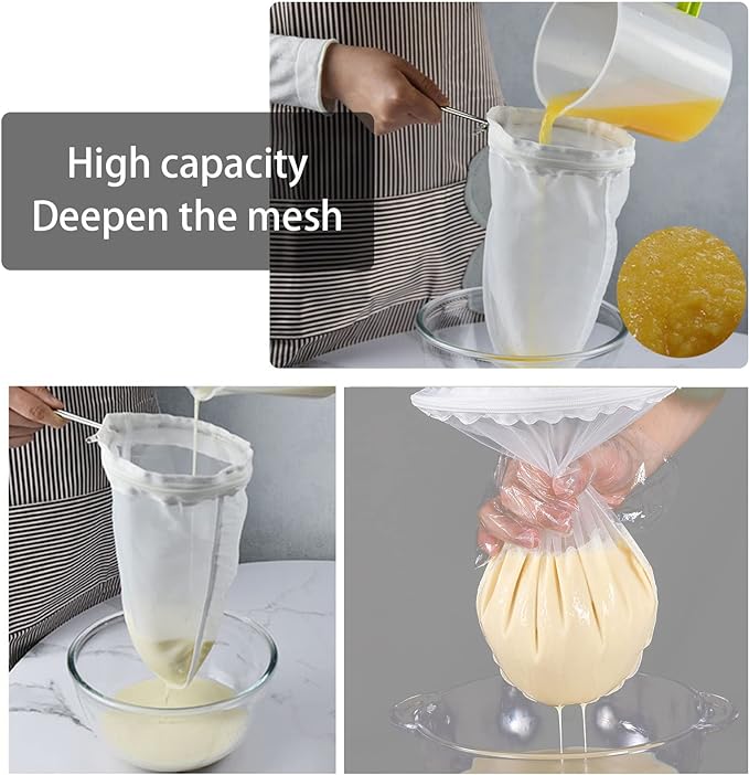 WMKGG Ultra Fine Mesh Strainer Bags, Reusable Filter Bags with Stainless Steel Handle Frame for Filter NutMilk, Coffee, Milk, Butter, Juices and Fresh Cheese (Large Size)(8.6"Wx13.4"D)