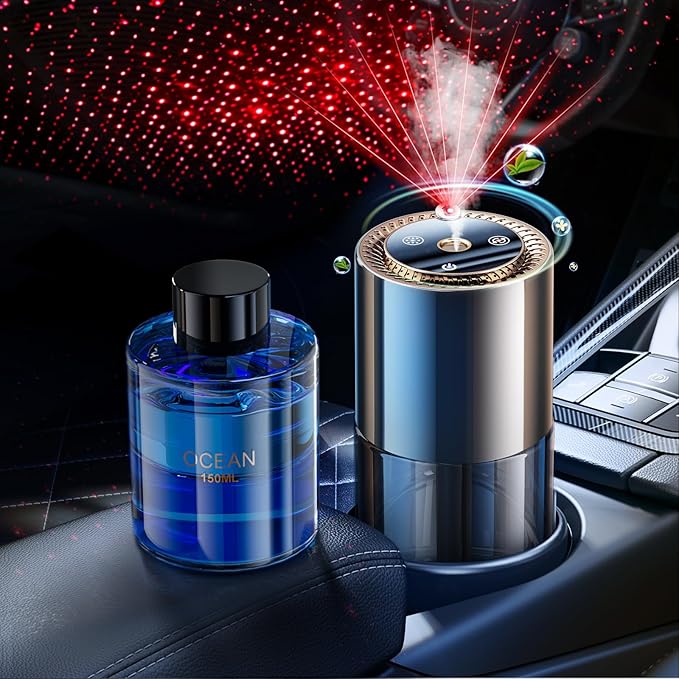 Smart Car Air Freshener,150ML Natural Fragrance Car Scents Air Freshener with Star Projector,300 Days Long Lasting, Car Essential Oil Diffuser, Auto On/Off,Aroma Diffuser for Men Women(Ocean)