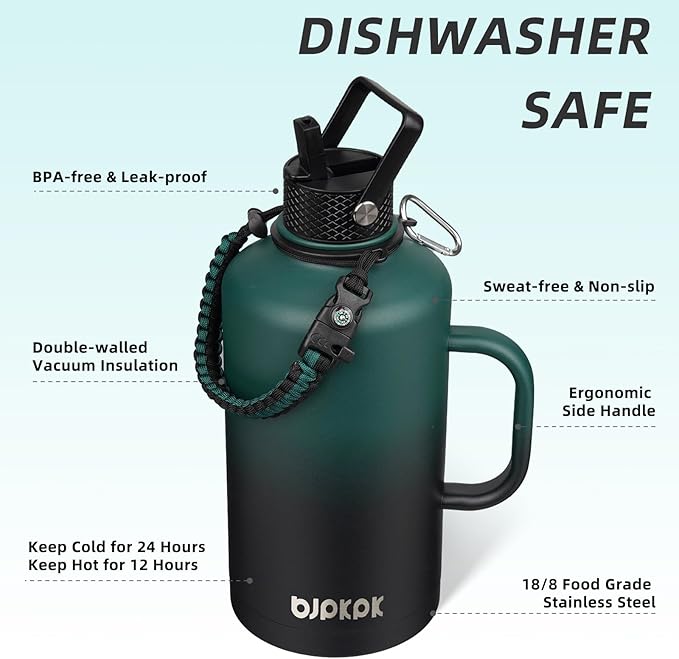 BJPKPK 2/3 Gallon Water Bottle Insulated with Straw Lid, 87oz Large, Stainless Steel Water Bottles with 3 Lids and Paracord Strap, Double Wall Vacuum Metal Water Jug, Army Green & Black