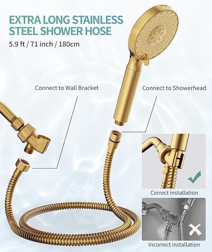 SR SUN RISE Filtered Shower Head with Handheld High Pressure 9 Spray Mode Showerhead Detachable Shower Head Water Softener Filters 1 Filter Brushed Gold