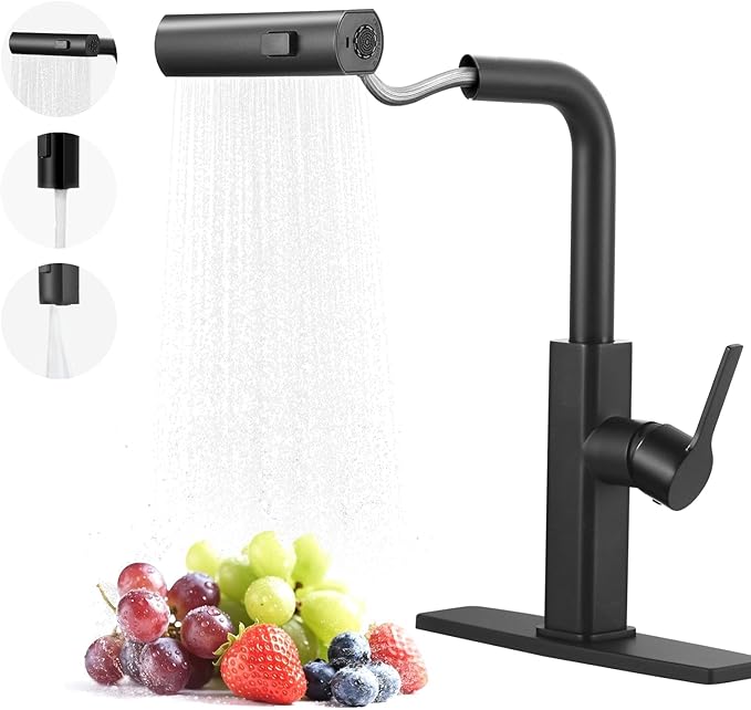 Kitchen Faucet with Pull Down Sprayer: ALEASHA Waterfall Kitchen Faucet with 3 Function Pullout Sprayer, Brass Core Single Handle Faucet, 360°Rotatable Black Single Hole Sink Faucets for Modern