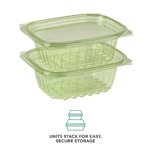 ECO PRODUCTS Compostable 12oz Rectangular Deli Containers With Lids, Case of 300, Veridian Clear Green Meal Prep, Made from PLA, A Renewable Material Made from Plants, One Lid Fits All