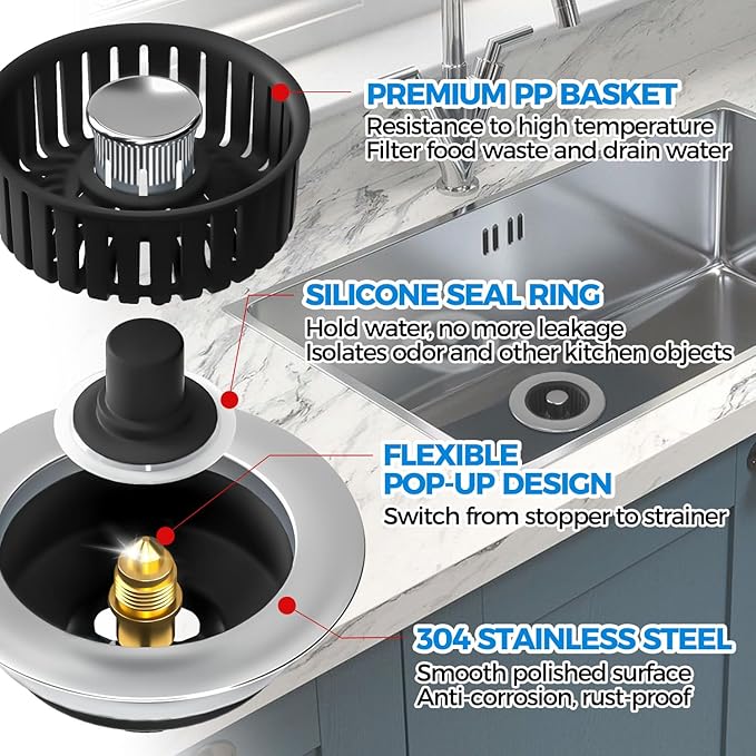 Kitchen Sink Drain Strainer - 2Pack Sink Stopper, Drain Protector, Kitchen Drain Plug & Sink Installation Parts with Anti-Clogging Basket, Fit US Standard 3-1/2'' Sink Drain Hole, Black
