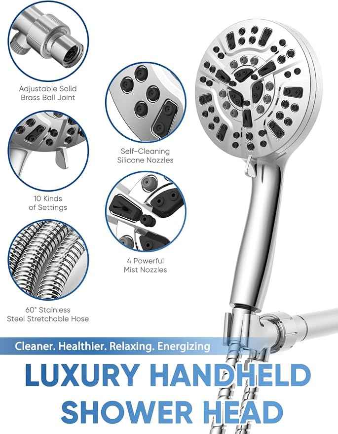 Pavezo® High Pressure Shower Head Handheld 5" Large, Extra Long 60" SS Hose 10-mode Portable Detachable Shower Head with Hard Water Filter for Bathroom, Anti-clog & Powerful to Clean Tile & Pets