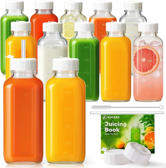 Ruckae 16oz 12 Pack Glass Juice Bottles with Hole Lids - Reusable Square Glass Juice Bottles with Leak-Proof Lid & Capacity Marks for Containers Juicing,Milk,Smoothies