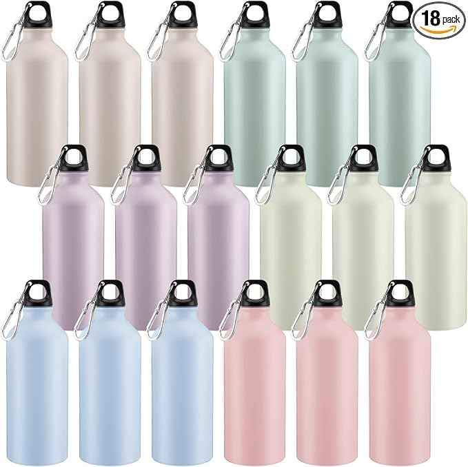Domensi 18 Pcs 20oz Aluminum Water Bottles Bulk - Reusable Lightweight Sports Bottles with Leak-proof Twist Cap & Buckle for Gym, Hiking, Cycling, Camping