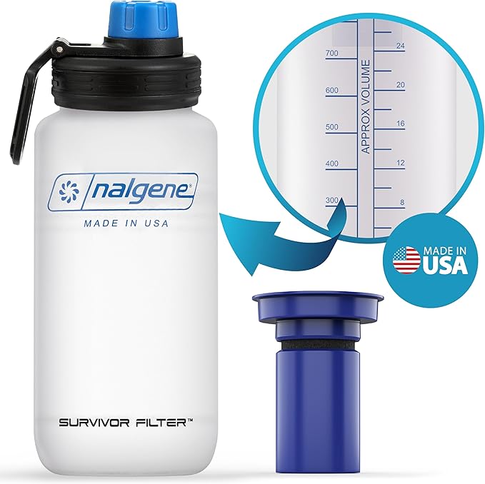 Survivor Filter Americana Ultra Light Filtered Water Bottle – 33.8 oz (1L) – Made in USA – Portable Water Bottle with Filter for Travel, Hiking, Gym & Everyday Use
