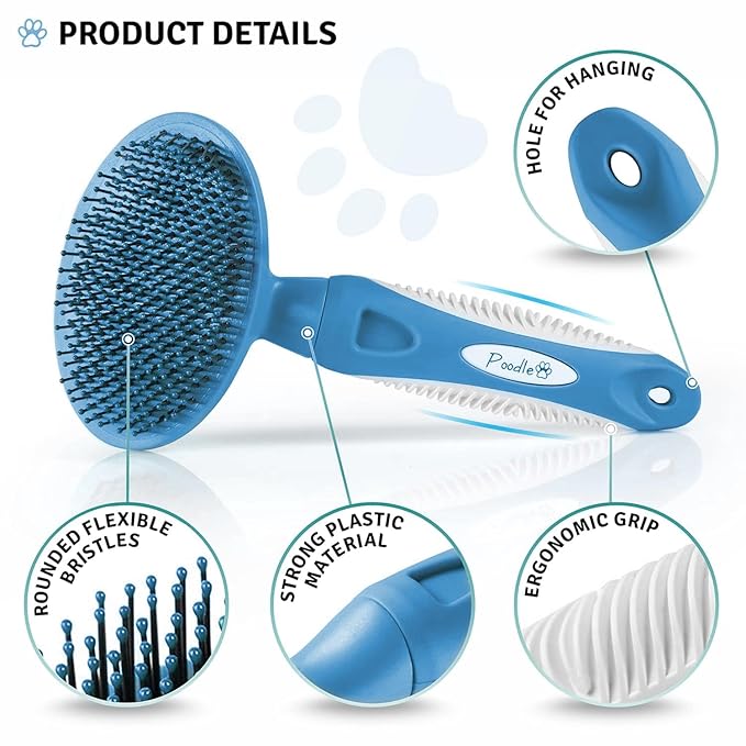 Round Bristle Pet Brush for Dogs and Cats - Soft Dog Brush for Grooming Short or Long Hair - Gentle Tool for Sensitive Skin Removes Dander, Dirt, and Detangles (Blue) - AquaVibe