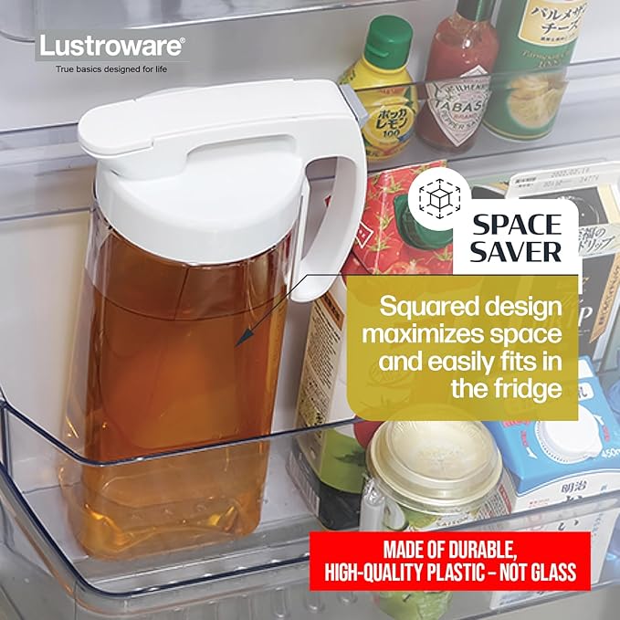 Lustroware QuickServe Airtight Pitcher - 2.1L (70oz), Heat Resistant, BPA-Free SAN Plastic, One Touch Open & Close, Space-Saving, Made in Japan - White