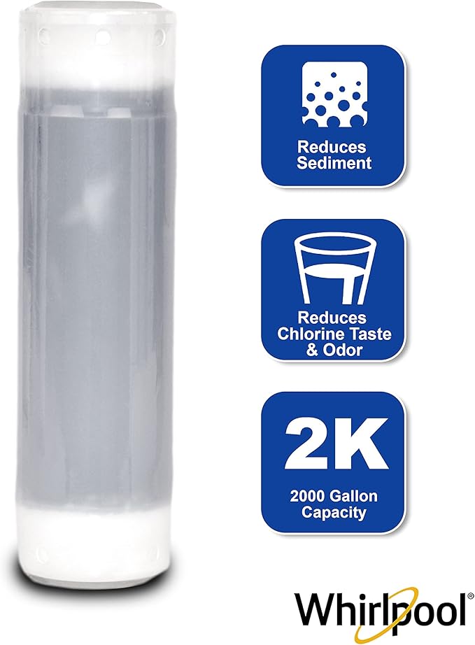 Whirlpool Granular Activated Carbon 10" x 2.5" Replacement Water Filter WHKF-GAC, Reduces Chlorine, Bad Taste & Odor, Use with Home Under Sink Drinking Water Filtration or Reverse Osmosis System