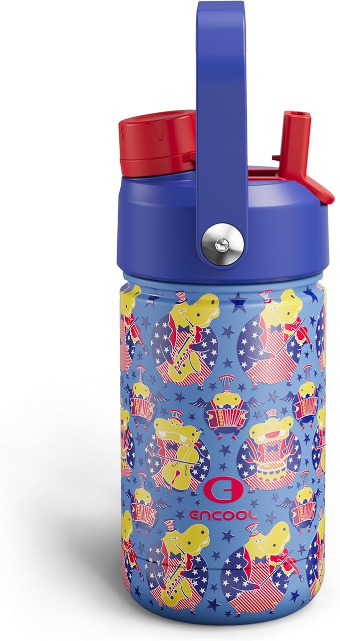 Kids Insualated Water Bottle with Straw,12oz Stainless Steel Water Bottle with Dual Spouts, Leak-Proof,BPA-Free,Double Wall Vacuum Keeps Cold for 24 Hours for Sports,Travel,School (Blue Hippo Parade)