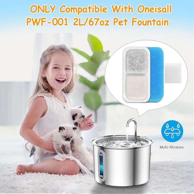 25 Set Cat Fountain Replacement Filters Compatible with oneisall PWF-001 2L/67oz Stainless Steel Pet Water Fountain Filters with Replacement Pre-Filter Pump Sponges