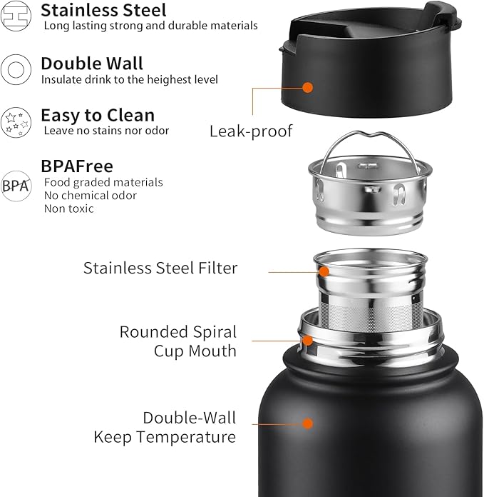 Sivaphe 32 oz Tea Infuser Bottle With Removable Filter,18/8 Stainless Steel Insulated Water Bottle for Loose Leaf Tea,1L Strainer Travel Tumbler with Lid Black