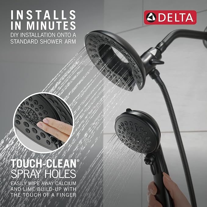 Delta 5-Setting In2ition 2-in-1 Dual Shower Head with HandHeld Spray, Matte Black Detachable Shower Head with Hose, Showerhead, 2.5 GPM Flow Rate, Matte Black 58569-BL25-PK