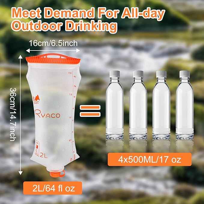 Ryaco Water Bag 2L Compatible with Sawyer Squeeze Water Filter, Outdoor Water Container, Water Filter Bag with Durable TPU Material Collapsible Hydration Canteens for Camping Hiking Cycling Fishing