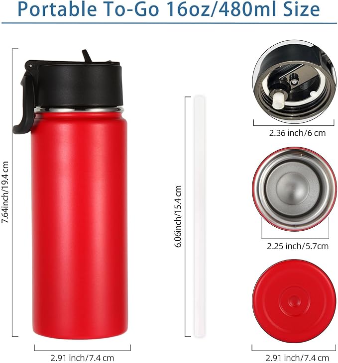 Volhoply 16 OZ Kids Water Bottle Bulk 4 Pack,Insulated Sports Bottles with Straw Lid,Stainless Steel Bottle with Handle Keep Cold & Hot,Double Wall Vacuum Tumbler Cups for School,Girls(Red, 4)