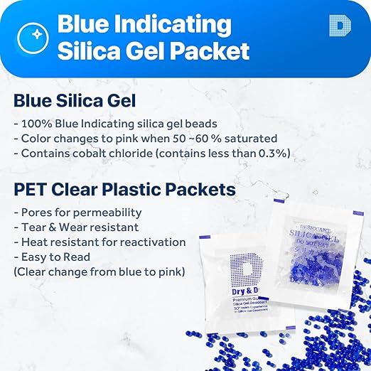 Dry & Dry 1 Gram [50 Packets] Blue Indicating(Blue to Pink) Silica Gel Packets Desiccants Silica Gel Packets - Rechargeable Silica Packets, Silica Gel, Silica Gel Packs