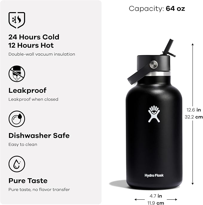 Hydro Flask Water Bottle - Insulated Stainless Steel - Wide Mouth Flex Straw Lid, Non Spill, Leakproof and Refillable in 64 Oz White