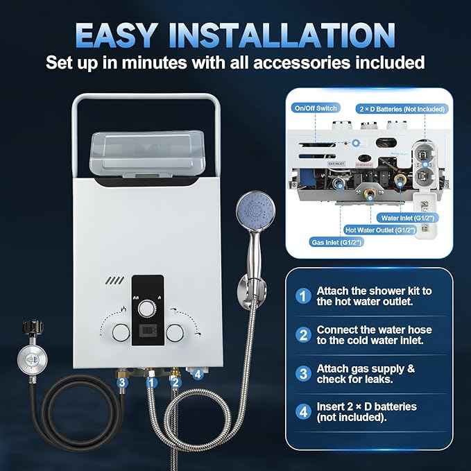 Propane Tankless Water Heater Outdoor, 2.11 GPM 8L, Portable Gas Water Heater with Handle and Digital Display, Instant Hot Water for RV, Cabin, Pet Bathing, Camping