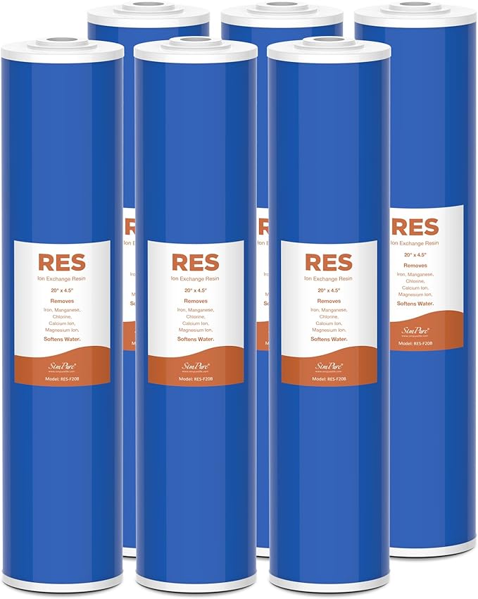SimPure 20" x 4.5" Cation Exchange Resin Filter, Whole House Water Softening Filter Cartridge for DB20P, DB20P-3 (6 Pack)
