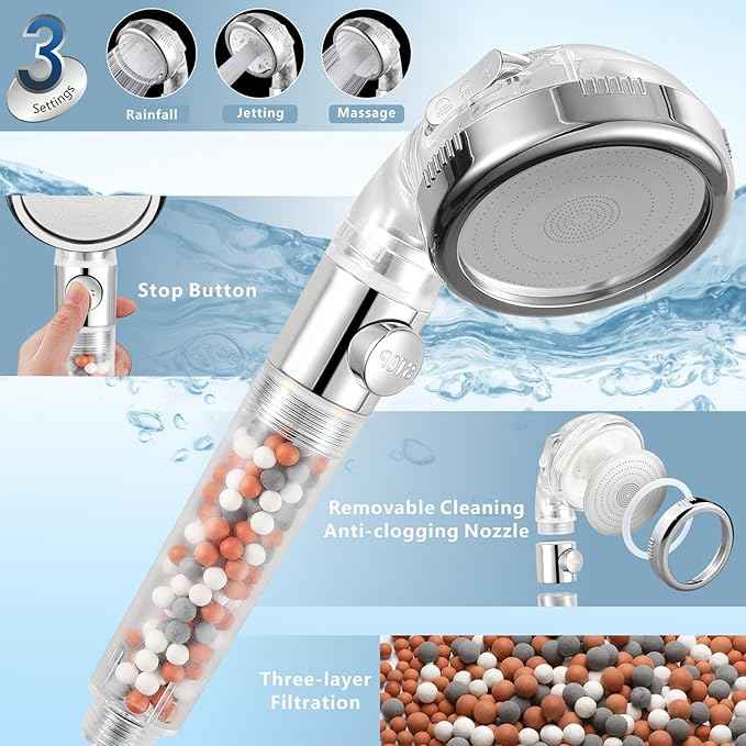 Filtered Shower Head with Handheld Combo, High Pressure Rain Showerhead Filter for Remove Chlorine and Harmful Substances, with Self-adhesive Holder/59" Hose, Chrome