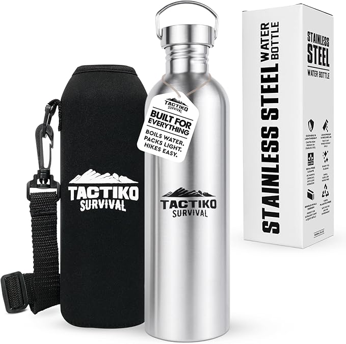 Tactiko Survival 51 oz/1500 ml Stainless Steel Wide Mouth Water Bottle, Single Wall Boil-Safe, Leakproof, BPA-Free with Carry Sleeve and Strap for Camping, Hiking, Outdoor Prep (Black)