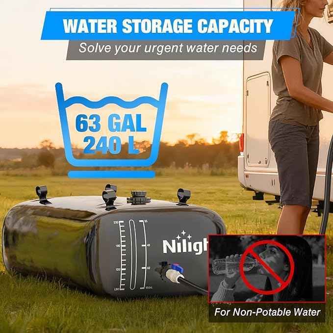 Nilight 63Gal/240L Water Storage Bladder RV Potable Water Bladder Tank Camping 1000D PVC Foldable Collapsible Water Storage Containers for Truck Bed Carrier Garden Irrigation Emergency Water Use Black