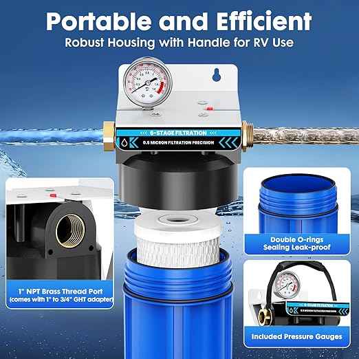 6-Layer RV Water Filter with Stand, 0.5 Micron Filtration, 3/4" GHT Metal Threads for RV & Camping,Reduces Sediments, Chlorine, VOCs, Heavy Metals, Bad Taste & Odor