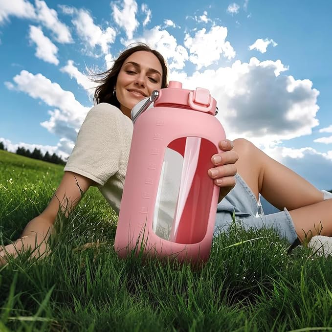 Large Glass Water Bottles with Stainless Steel Handle,100 oz Gallon Drinking Bottle with 2-in-1 Straw Lid,3 Liter Glass Water Jug with Silicone Sleeve,Wide Mouth,Pink
