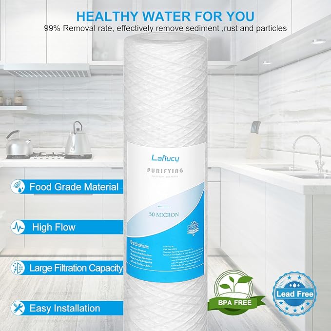 50 Micron 10" x 2.5" String Wound Sediment Water Filter Cartridge,5 Pack,Whole House Sediment Filtration, Universal Replacement for Most 10 inch RO Unit