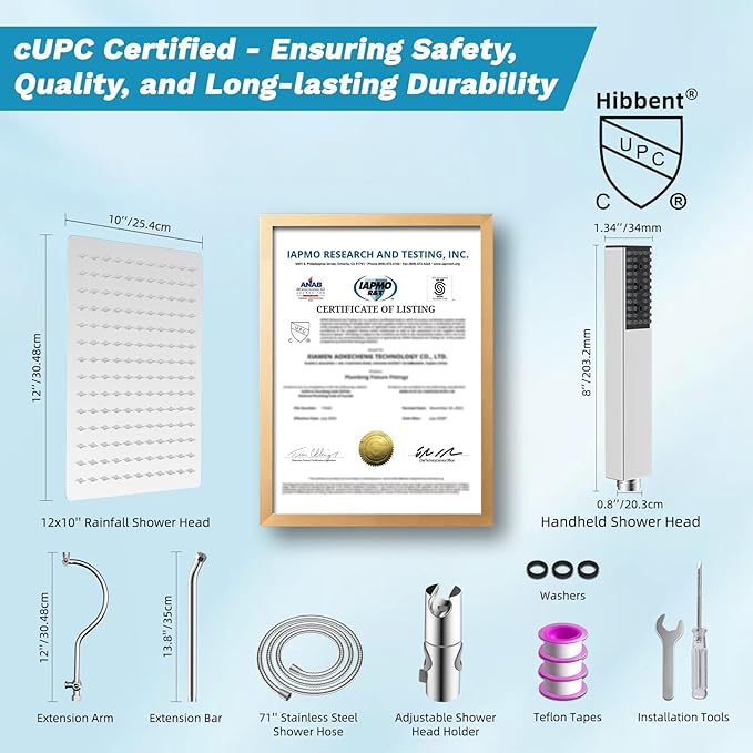 Hibbent cUPC Certified High Pressure 12'' Rainfall Shower Head, Showerhead Combo with 4-mode Handheld Spray, 12'' Adjustable Extension Arm, Extension Bar, Easy Reach Holder, 71'' Hose, Chrome
