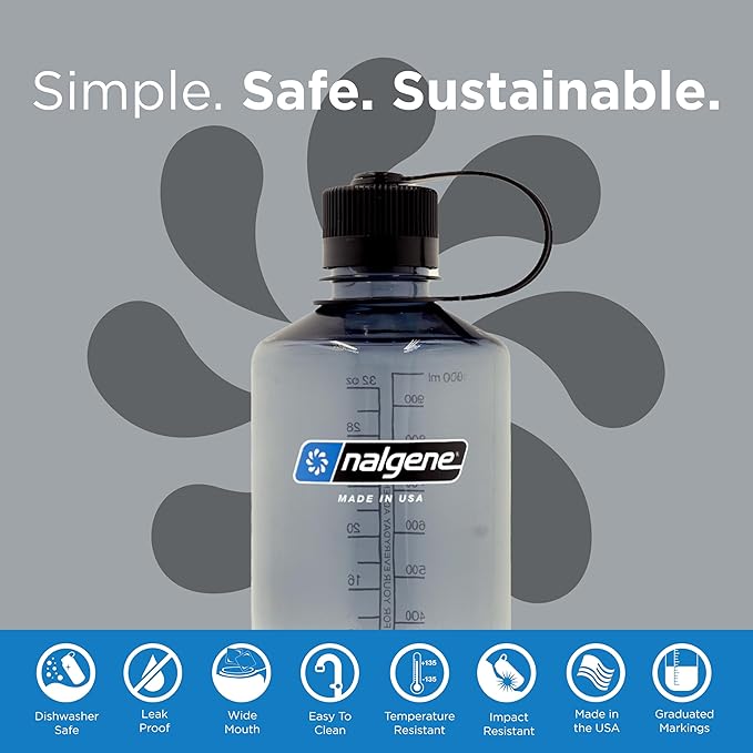 Nalgene Leak Proof Tritan BPA-Free Water Bottle - 32 oz Narrow Mouth - Made in the USA for Outdoor Use & Daily Hydration (Grey),(Pack of 6)